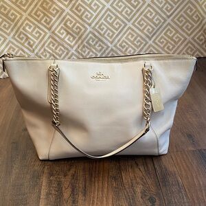 Coach Ava Chain Beige Leather Tote with Gold Accents